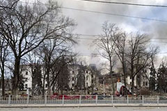 A Russian air strike on March 16 destroyed a theater in Mariupol, Ukraine, where hundreds of residents were hiding in a bomb shelter. The plight of people across Ukraine underscores the gruesome fate that civilians have faced during wars throughout history. (Donetsk Regional Civil-Military Administration/EPA-EFE/Shutterstock)