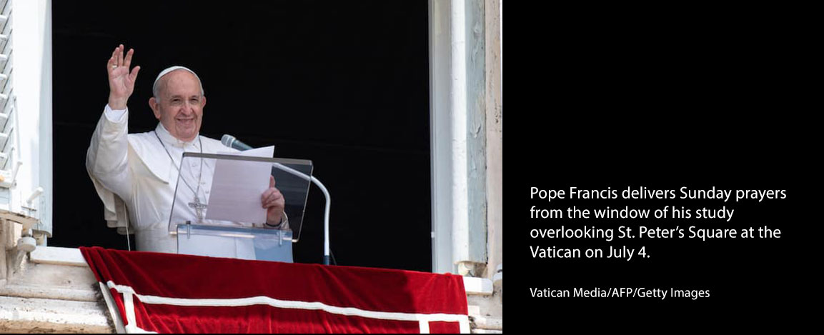 Pope Francis delivers Sunday prayers from the window of his study overlooking St. Peter’s Square at the Vatican on July 4. (Vatican Media/AFP/Getty Images