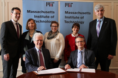 Celebrating a new MIT-Belgium partnership: (standing, l to r) Vincent Blondel, April Julich Perez, Molly Schneider, Cathy Culot, and Peter Lievens; (seated, l to r) Richard Lester and Luc Sels. 