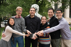 MIT European Club Board members celebrate with their prize. Left to right: treasurer Karine Ip Kiun Chong, Michel Nasilowski, president Giulio Alighieri, vice president Susanna Bächle, social chair Xiaoyu Wu, and events co-chair Saviz Mowlavi.