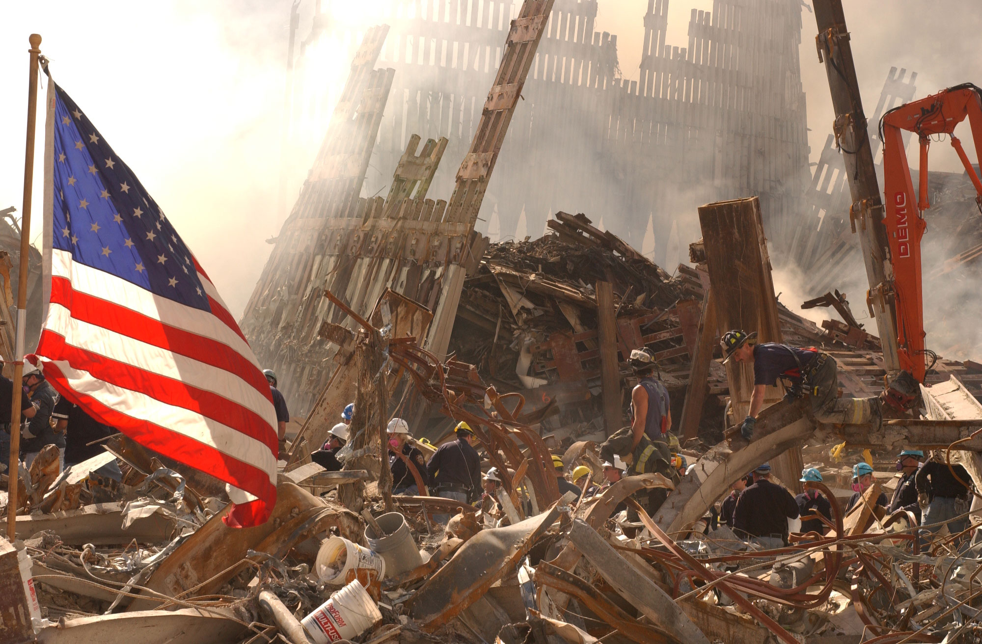 Ground zero photo soon after September 11, 2001, attached on the Twin Towers