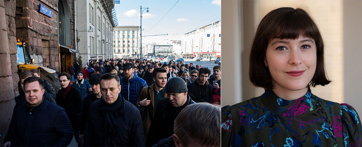 protesters marching along Moscow's Tverskaya Street, March 26, 2017 and head shot of Suzanne Freeman